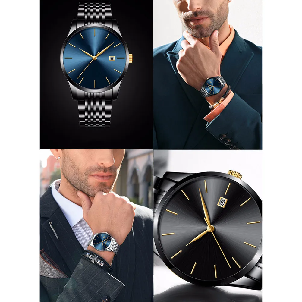 Business Men Quartz Watch Stainless Black Fashion Waterproof Wristwatch Calendar Display Accurate Time Keeping Wrist