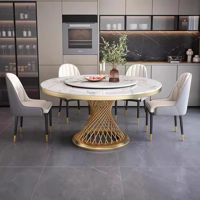 

Light luxury marble dining table and chair combination Modern and simple, small household round dining table with turntable