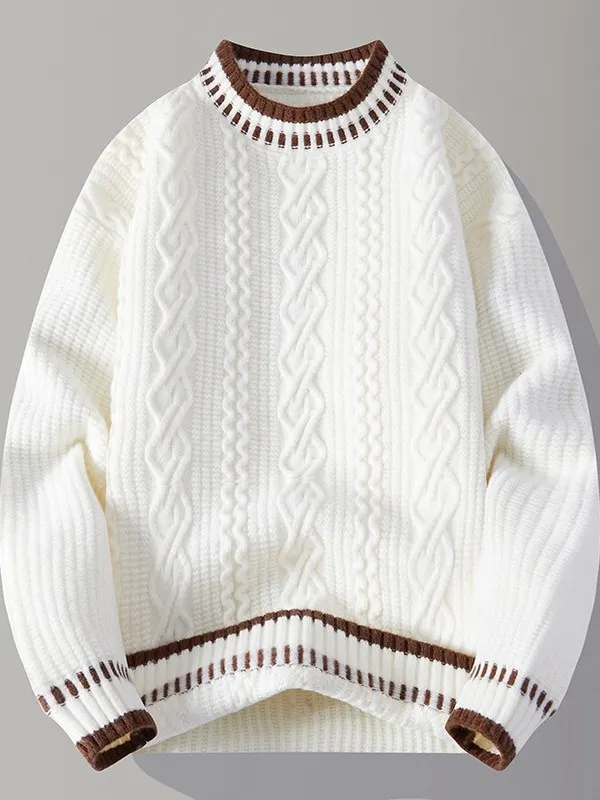 

Утепленный свободный вязаный свитер для мужчин в университетском стиле с круглым вырезом, с льняным узором, повседневная одежда, осенне-зимний сезонный вариант из полиэстера