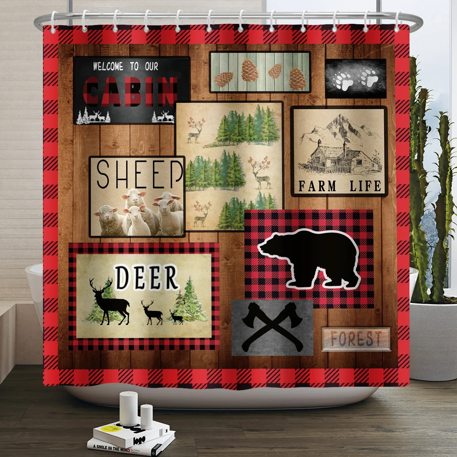 Rustic Cabin Hunting Camping Shower Curtain Wild Animal Bear Deer Farmhouse Lodge Wood Plaid Check Waterproof Bathroom Curtain