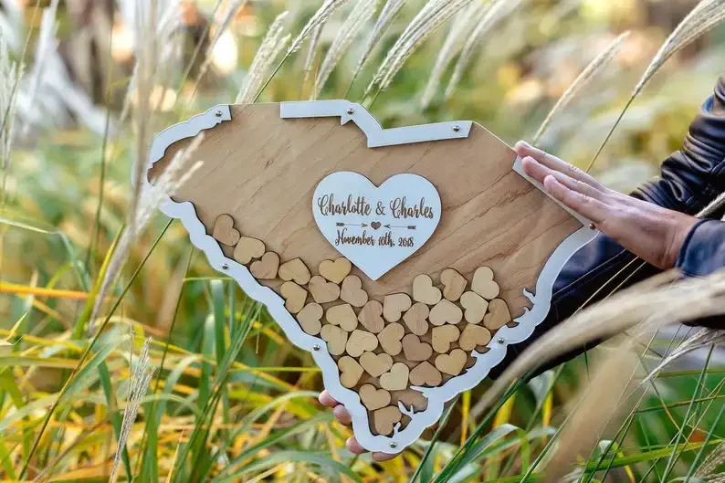 

Wooden Wedding South Carolina Guest Book, Elegant Drop Box, Drop box with Hearts , Guest Book Alternative, wedding Guest Book