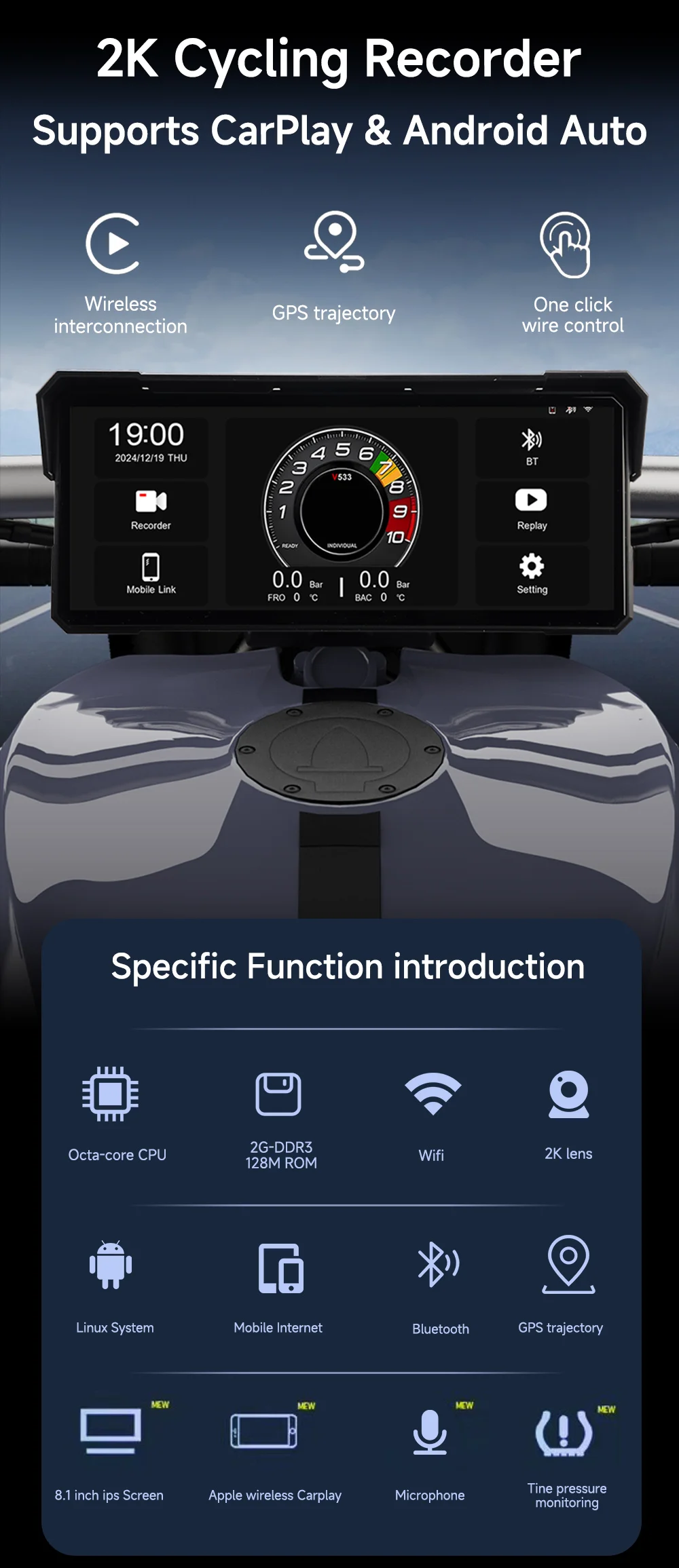 JIUYIN 8,1/7 Zoll Kabelloses CarPlay Moto Android Auto Tragbares IPX8 Motorrad-Armaturenbrett-Navigationsdisplay Bildschirmmonitor – Detail 6