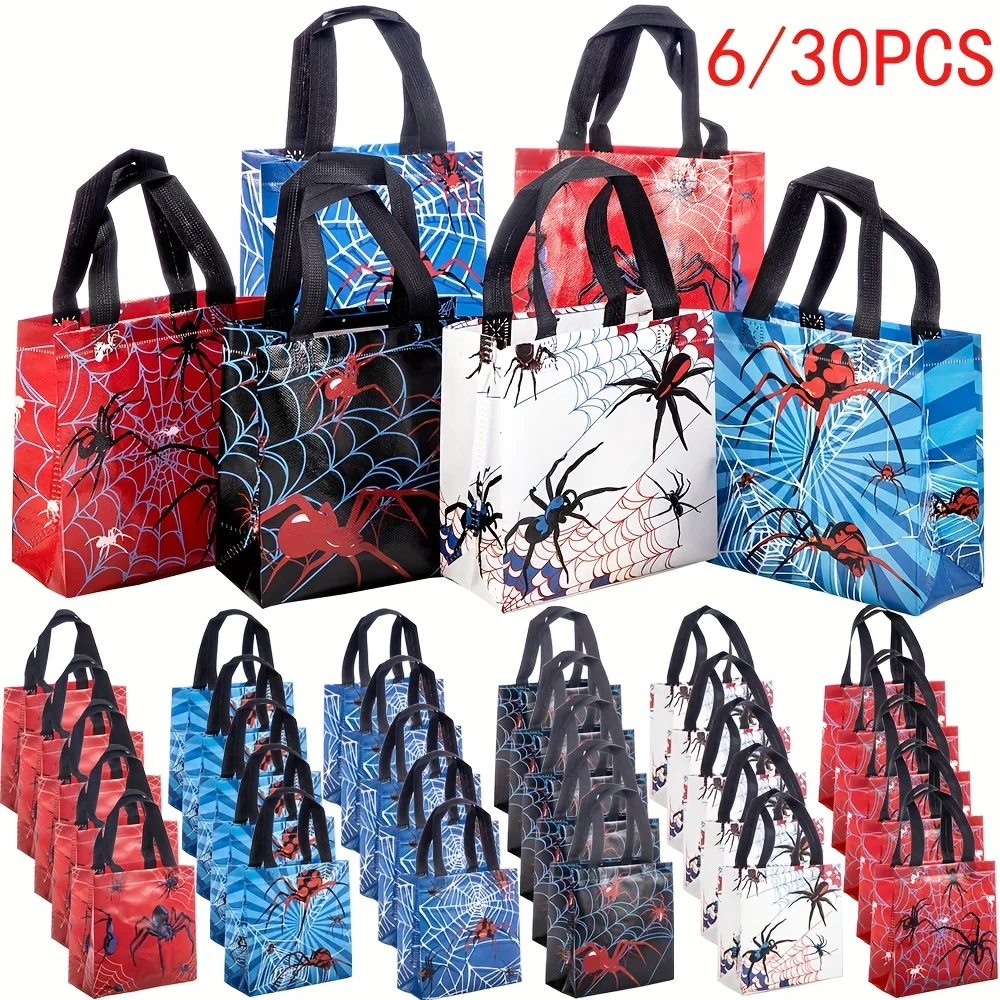 Sacs cadeaux imprimés araignée, sacs fourre-tout non tissés, sacs cadeaux pour fête d'Halloween, pour bonbons, cadeaux et shopping, 6/30 pièces
