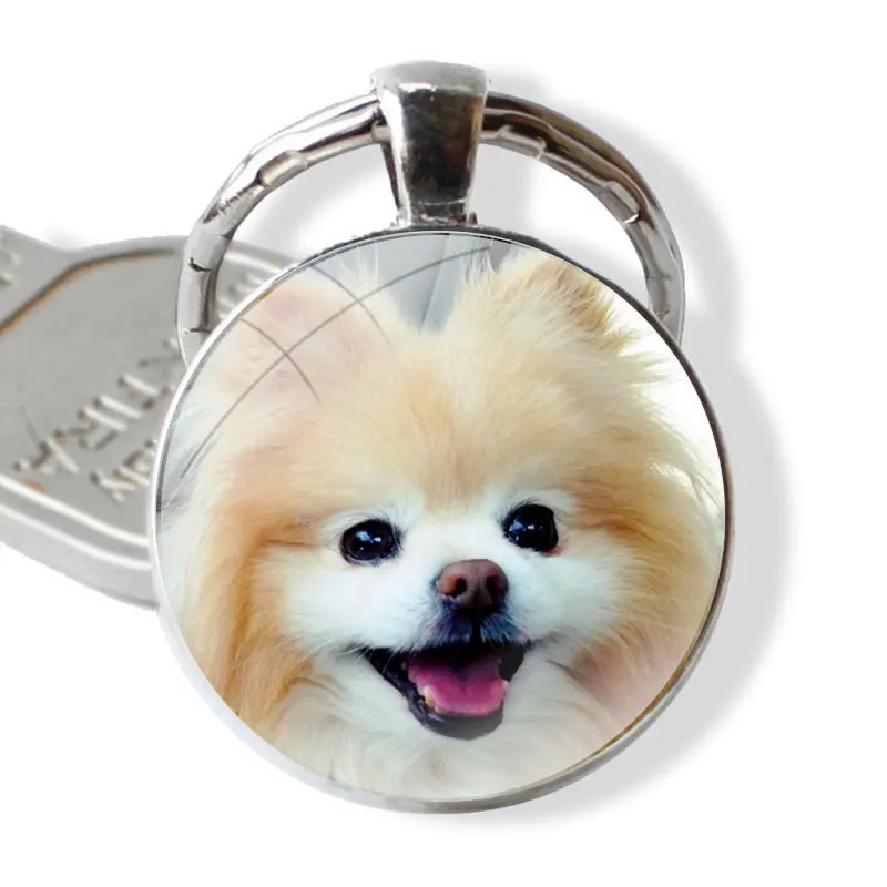 Pomeranian dog Cartoon Creative Design Fashion Keychain Handmade Glass Cabochon Key Ring Holder Pendant Key Chains