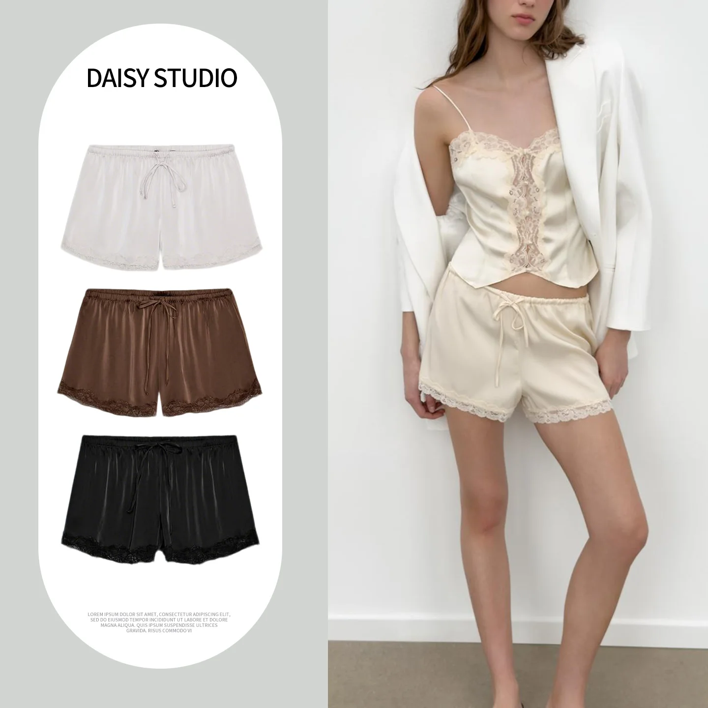 

Summer New Arrival Women's Casual Style Shorts with Lace Decoration Bow Tie Design Straight Leg Polyester Fiber