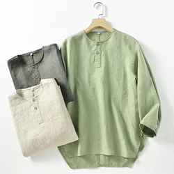 2023 Summer Casual Linen Tee Men's Simple Round Neck Three-quarter Sleeve T-shirt Loose Breathable Tops Chinese Styles