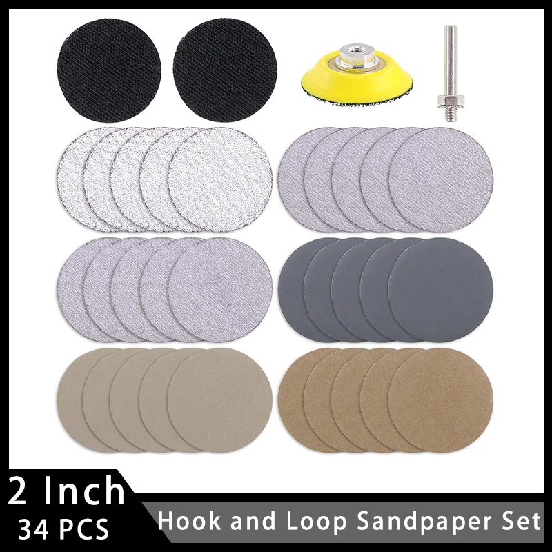 2 Inch Hook and Loop Sandpaper Set 34 Pcs with Buffing Pad Backing Plate Assorted 60-7000 Grit for Polishing and Sanging Metal