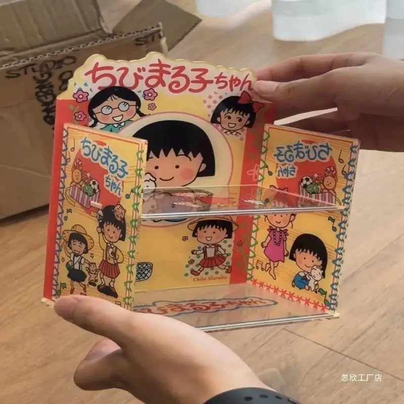 Kawaii Chibi Maruko-Chan Anime Peripherals Cartoon Acrylic Double Layer Storage Rack Desktop Miscellaneous Storage Box