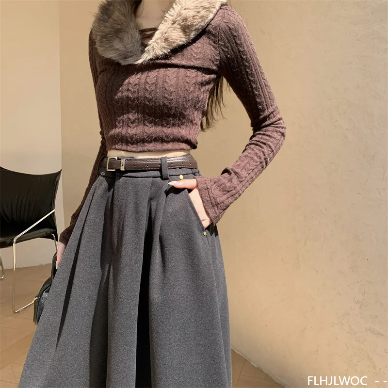 Woolen Skirts New Fashion FLHJLWOC Cute Girls Japanese Preppy Style Solid Retro Vintage Casual A Line Thick Warm Skirt With Belt