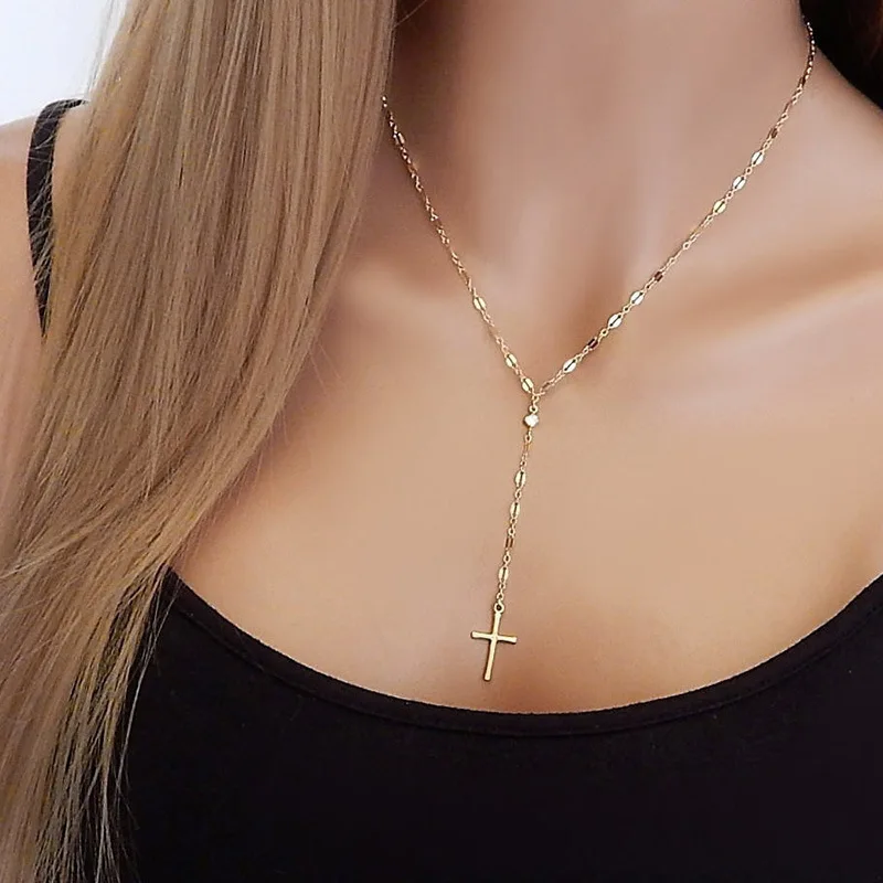 Fashion Personalized Cross Long Pendant Necklaces for Women Girls Gold Color Charm Choker  Chain Necklace Party Jewelry