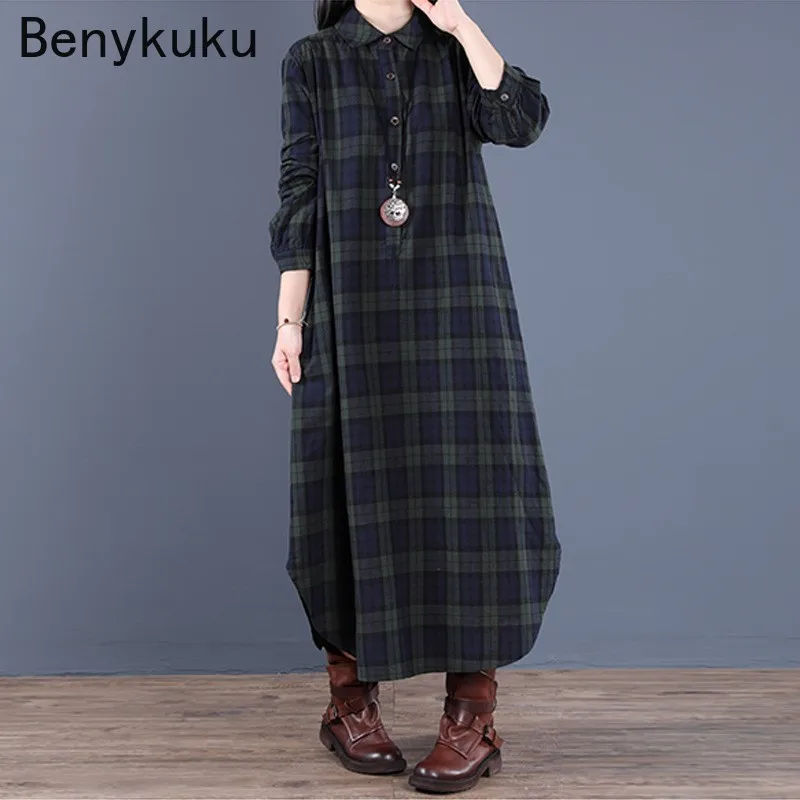 Femmes mode Plaid à carreaux bouton à manches longues Robe Midi chemise Maxi robes 2026 automne caftan Robe Femme décontracté Robe ample