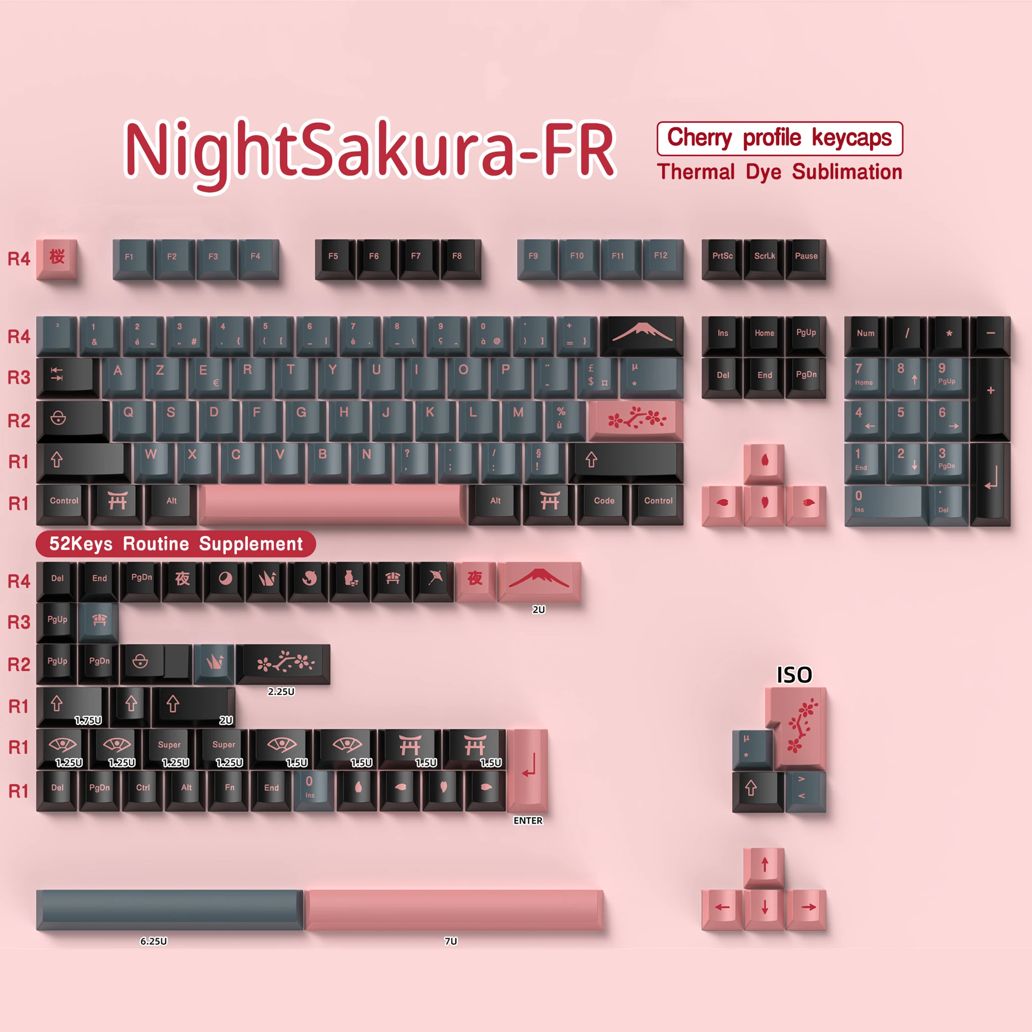 French Keycap 136-156 Keys BPT Cherry Profile FR Keycaps For French keyboard MX Mechanical Keyboard 7U Space Keys Hi75