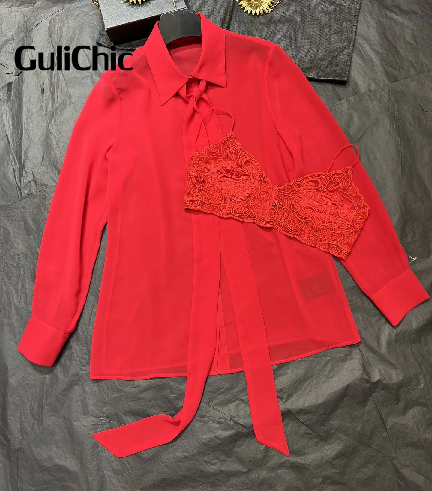 8.6 GuliChic 2024 New Fashion Ribbon Lace-Up Lapel Long Sleeve Shirts Or Sexy Embroidery Bra Lining Set Women Clothing