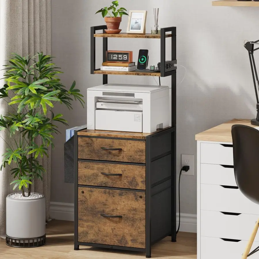 

Small 3 Drawer File Cabinet with Charging Station, 45H, 3Tier Filing Cabinet for Home Office, 1516 for Small Printer, Fabric Dr