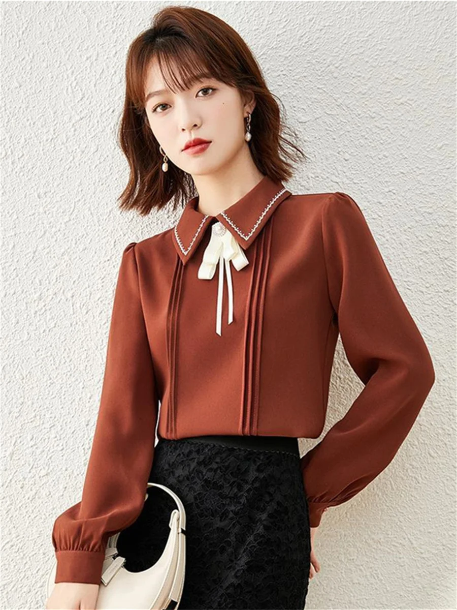 Women Summer Spring Shirts Lady Fashion Casual Long Sleeve Turn-down Collar Solid Color Elegant Blusas Tops G2384