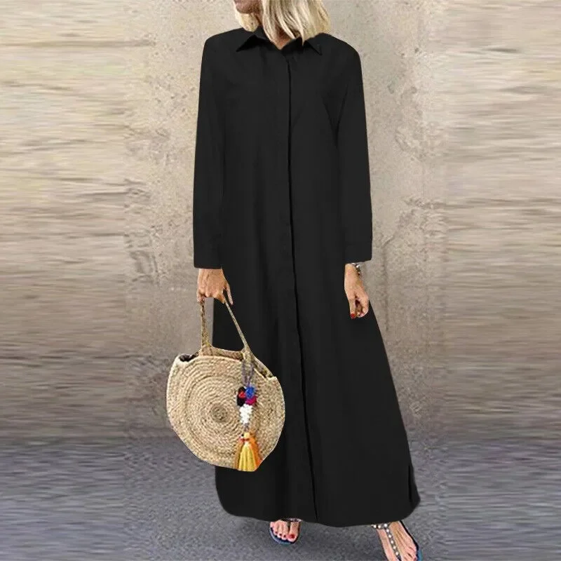 Women\'s Lapel Long Sleeved Loose Long Dress Women\'s Slit Solid Color Casual Fashion Minimalist Long Dress