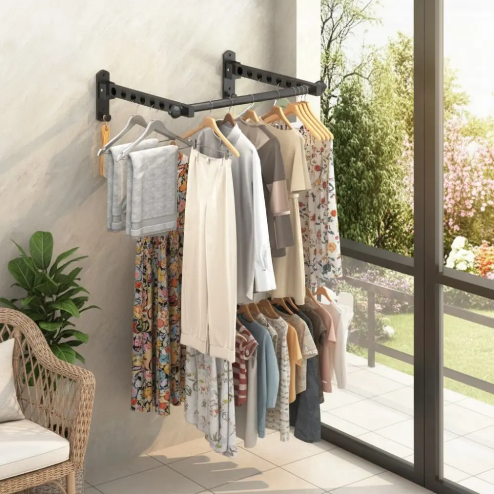 6/8/10 Holes Wall Mounted Clothes Hanger Stainless Steel Non-Punching Drying Rack Space Saving Foldable Folding Drying Racks