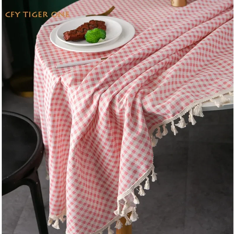 

American Pink Plaid Yarn Dyed with Tassel Round Tablecloth Coffee Table Cover Round Tassel Table Cloth for Party Dining Room