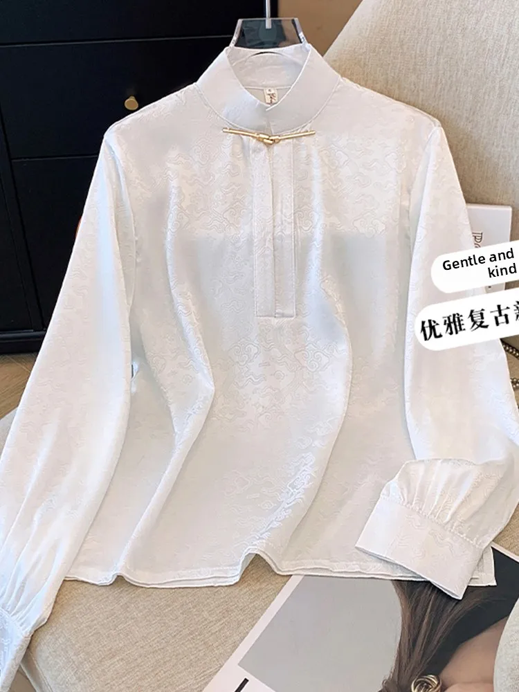 

Ele Chinese Sle Satin Floral Embroidery irt Women's Long Sve Stand Collar High End Faion Metal Button Hanfu Top