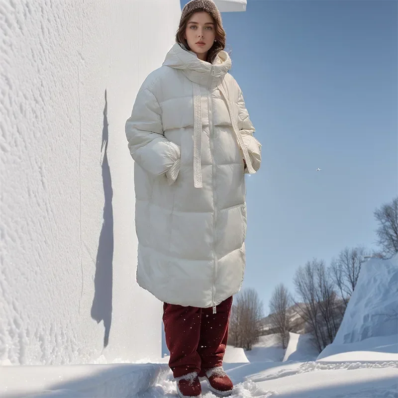 Jaqueta de algodão com puffer para mulheres, casaco acolchoado com capuz, manga comprida, casaco térmico monocromático, comprimento Midi, elegante, inverno, 2024