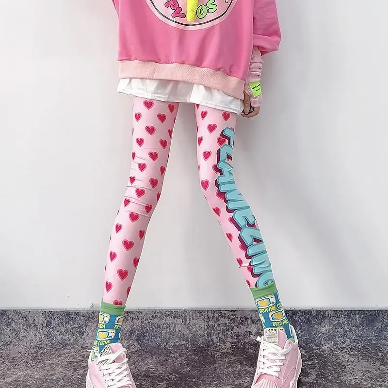 2022 Kawaii Autumn Women Leggings Fashion Pink Heart Print Girls Streetwear Elastic Pants Female Casual Y2K Sporty Yoga Clothes