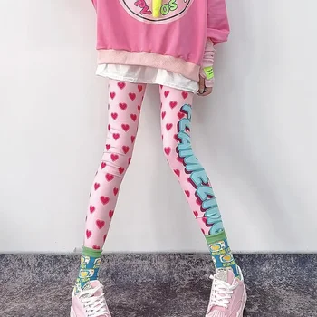 2025, Kawaii Herbst Frauen Leggings Mode Rosa Herz Druck Mädchen Streetwear Elastische Hosen Weibliche Casual Y2K Sportliche Yoga Kleidung