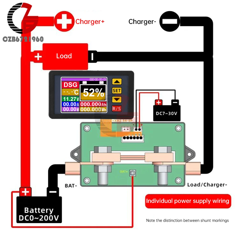 DC7-200V Display a colori da 2.4 pollici voltmetro amperometro Tester di capacità della batteria DC misuratore di potenza Coulomb 100A 200A 300A