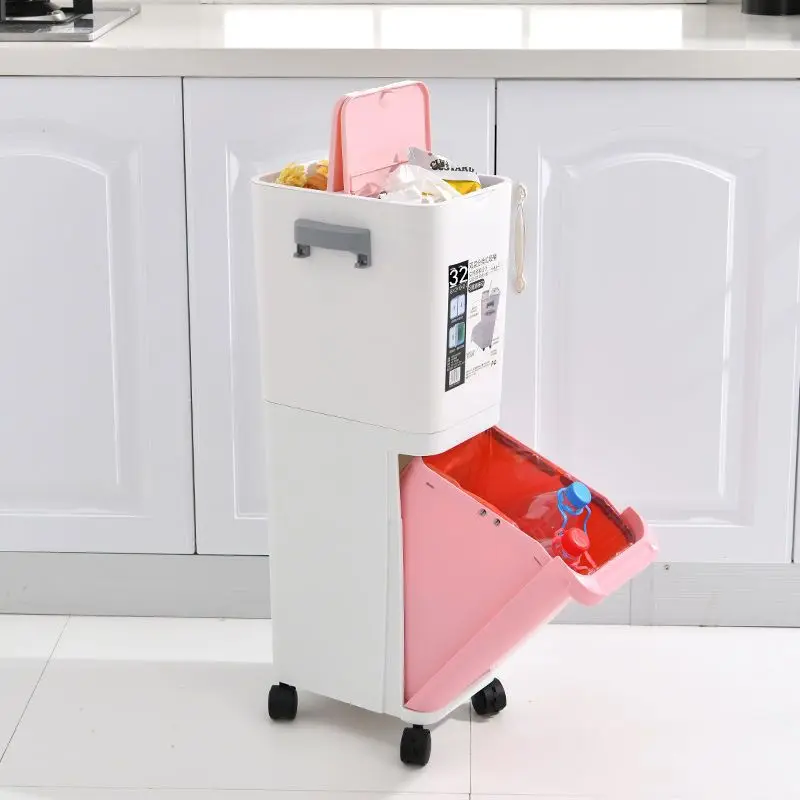 Household creative Japanese double-layer plastic sorting trash can kitchen with lid trash can dry and wet separation large
