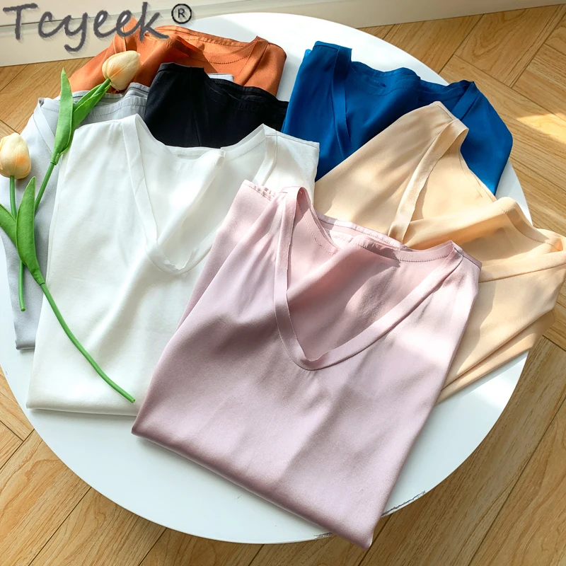 

Tcyeek 93% Real Silk Women Summer Top Sleeveless V-neck Tank Top Underwear 19mm Mulberry Silk Tops for Ladies Solid 7 Color