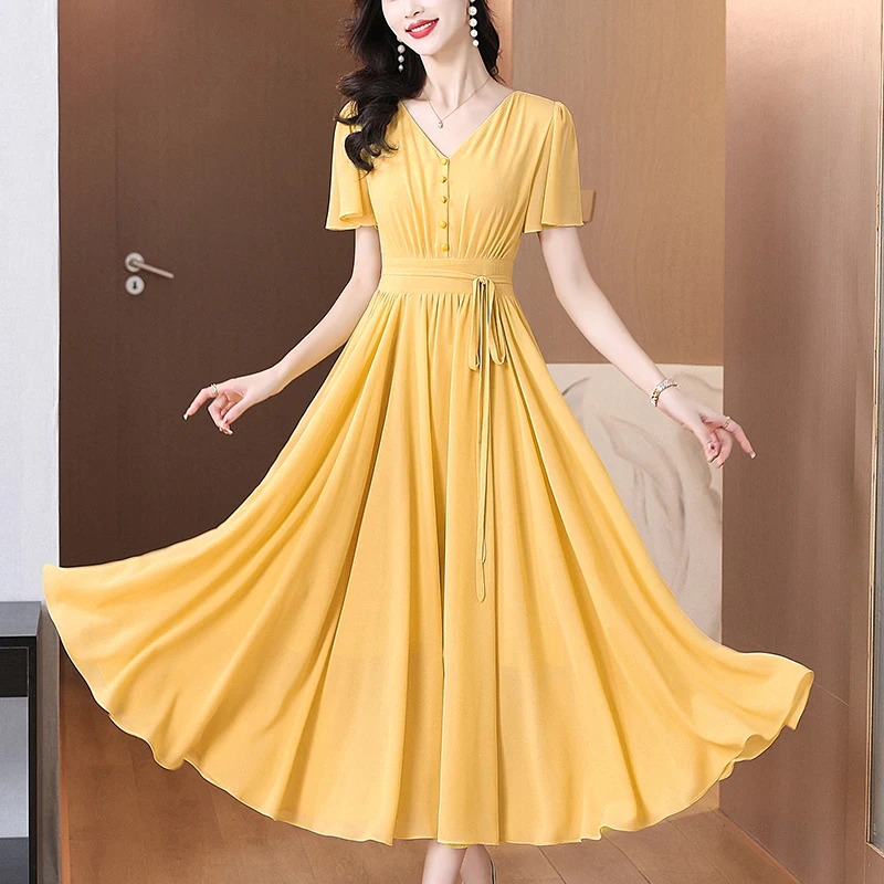 

Women Beach Solid Chiffon Maxi Dress Summer Boho Fashion Elegant Chiffon Vintage Midi Vestidos 2025 Luxury Dance Party Dresses