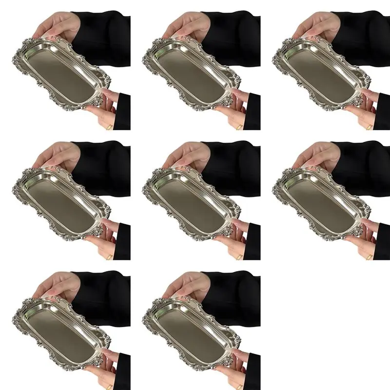 B97A-8X Vintage Embossed Stainless Steel Tray Serving Platter For Desserts Jewelry Storage Snack Plate For Dining Table Decor