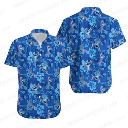 2024 New Summer Boys&Girls Disney Stitch Blue Cartoon Shirt 3D Full Print Kid/Adult Vacation Short Sleeve Family Hawaiian Style