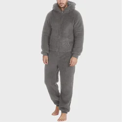 Men's Hooded Pajamas Autumn and Winter Thickened Jumpsuit Hooded Clothing Fleece Zipper Front Full Length Jumpsuit Sleepwear