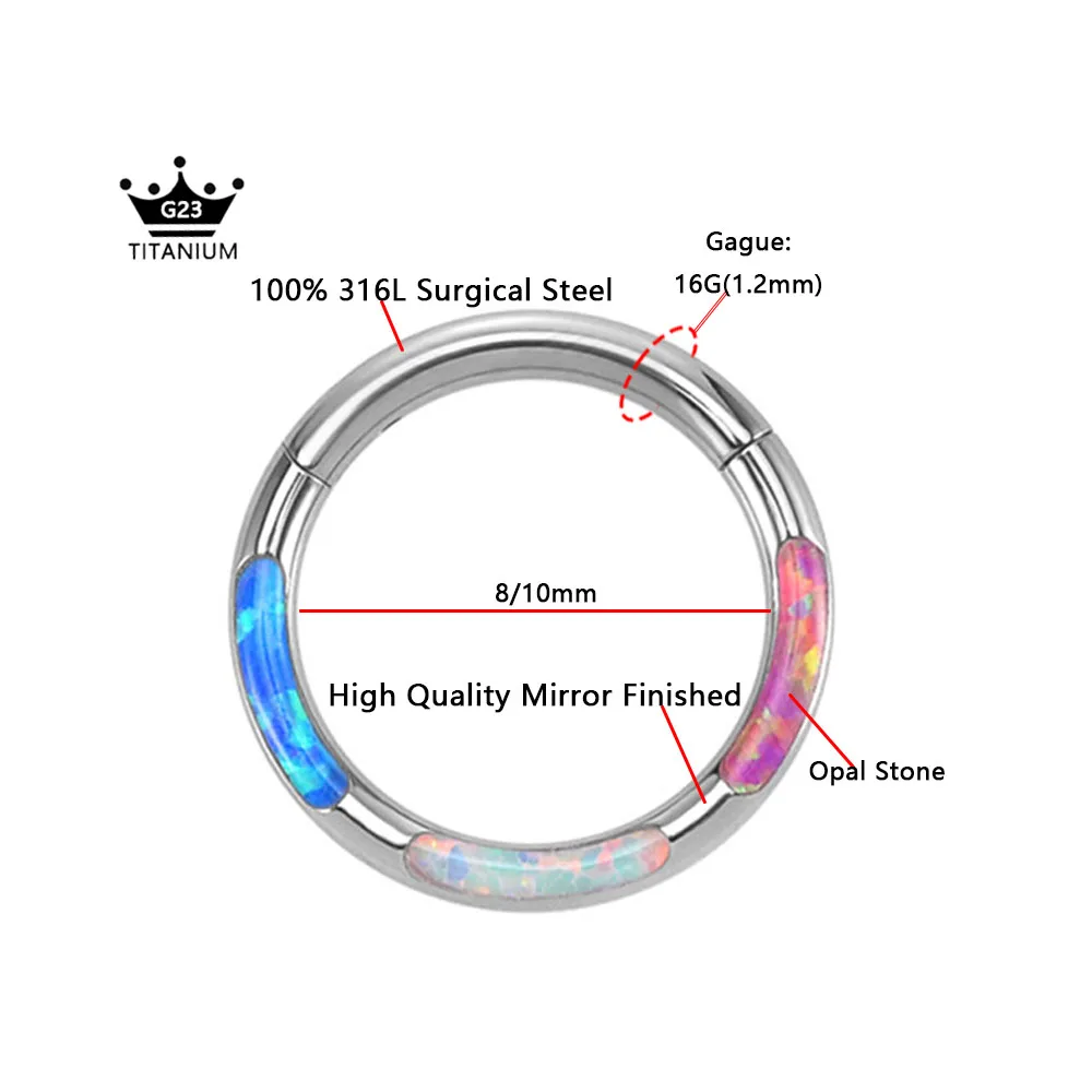 ASTM F136 G23 Titanium 16G Moon Septum Piercing Trójkolorowy Opal Clicker Segment Ring Helix Hinged Daith Conch Hoop Earring