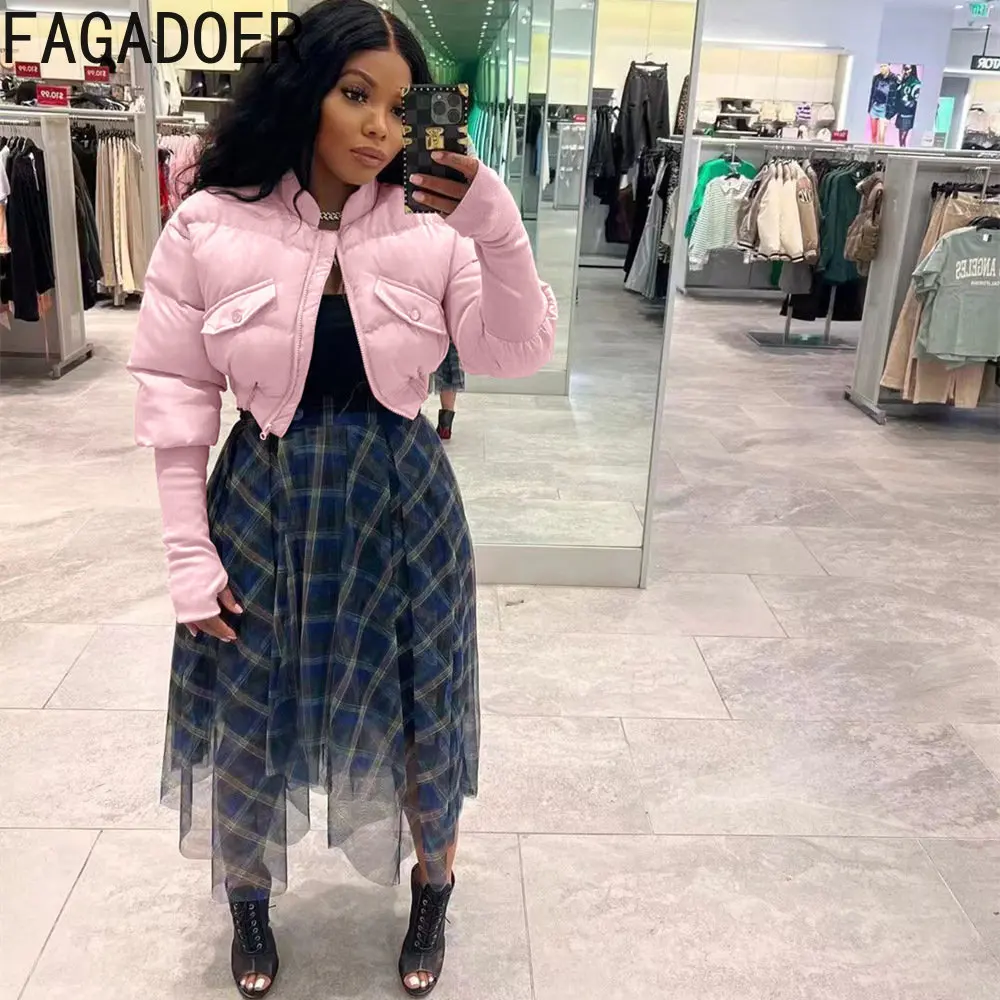 FAGADOER Autumn Winter Women Patchwork Ribber Cotton-padded Casual Zipper Long Sleeve Crop Tops Female Reversible Warm Jackets