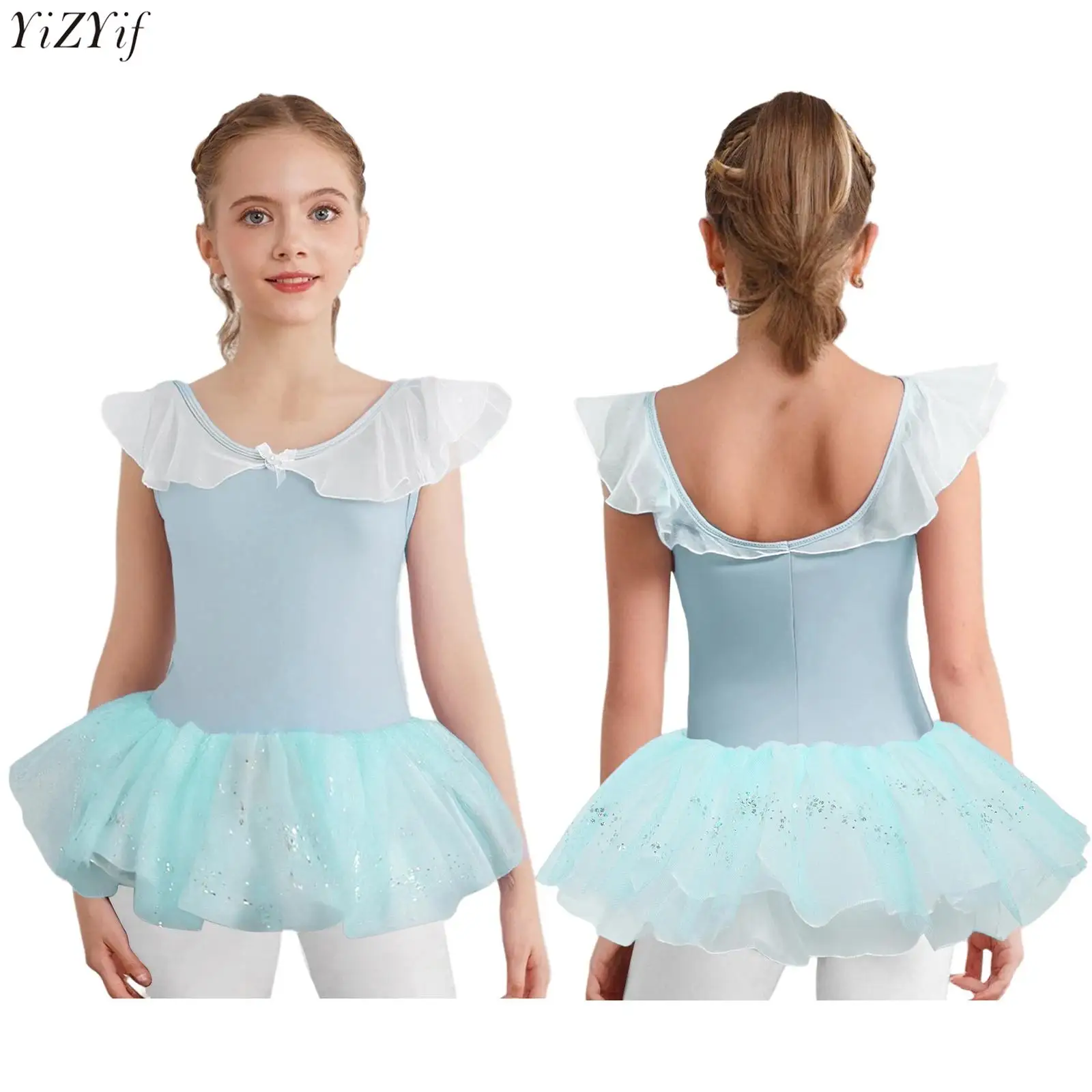 

Kids Girls Ballet Gymnastics Dance Bodysuit 2Pcs Comfortable Ruffled Collar Sleeveless Leotard+Shiny Sequins Tulle Tutu Skirt
