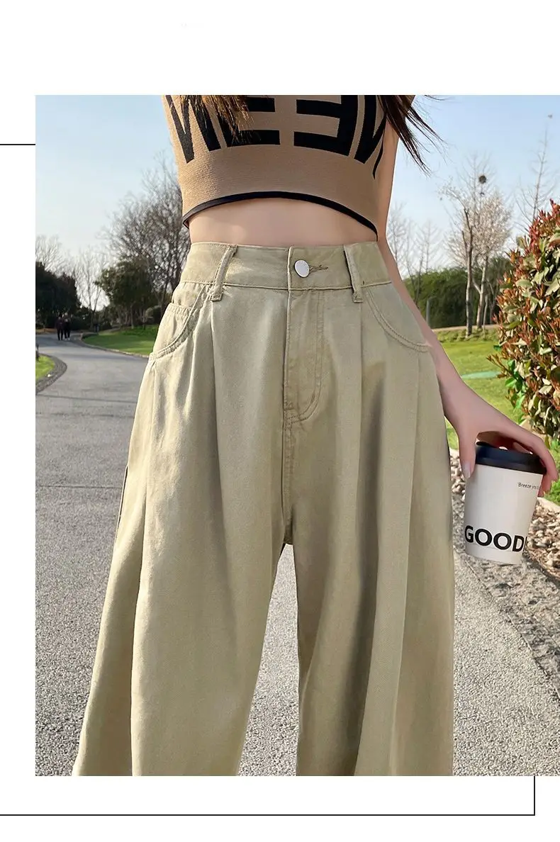 بنطال ذو قصة أرجل واسعة كاكي للنساء ربيعي طويل للغاية طيات مرنة حزام اللف الحد الأدنى الربط فريد مشروط تخفيف #6