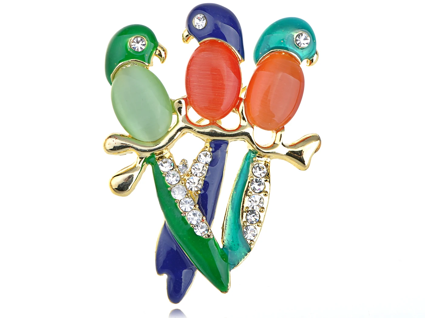 Colorful Parrot Budgie Chirping Friends Clear Crystal Rhinestone Bird Pin Brooch