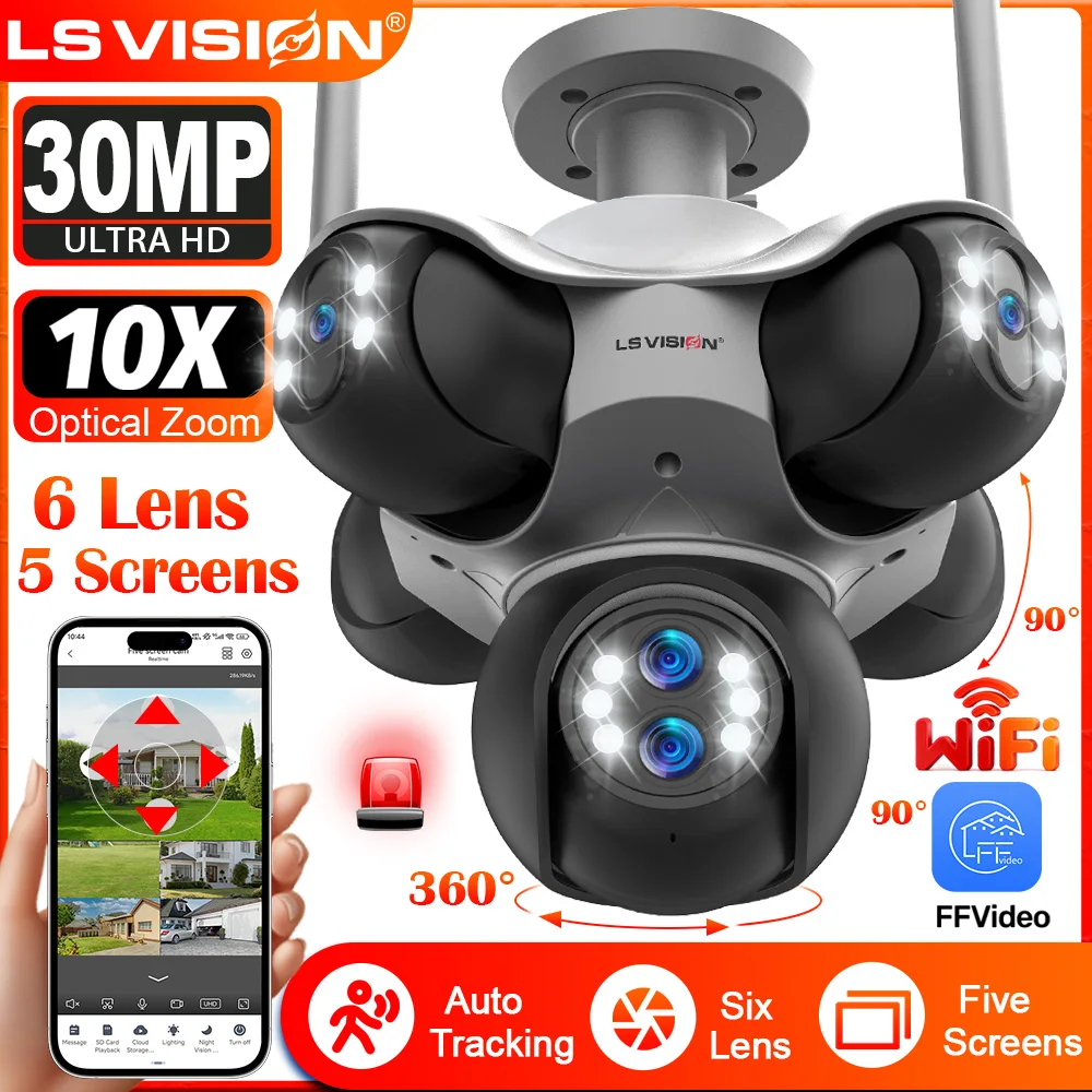 

LS VISION 30MP Five Screens WiFi IP Camera 10X Optical Zoom PTZ Outdoor Security Camera Auto Tracking Night Vision CCTV Monitor