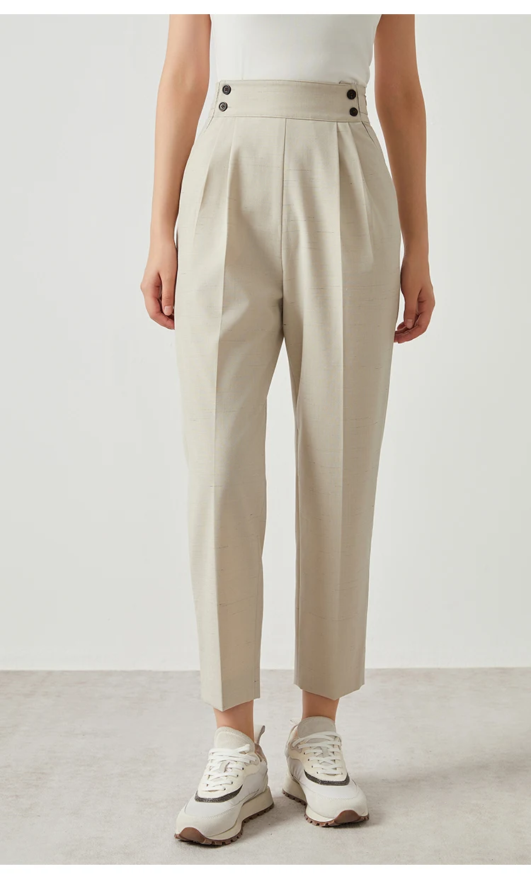 K2523X Luxuriöse Damen-Hose aus Woll-Leinen-Mischgewebe, tailliert, gerade geschnitten, hohe Taille, schlichte Linien, elegante, minimalistische Hose – Detail 6
