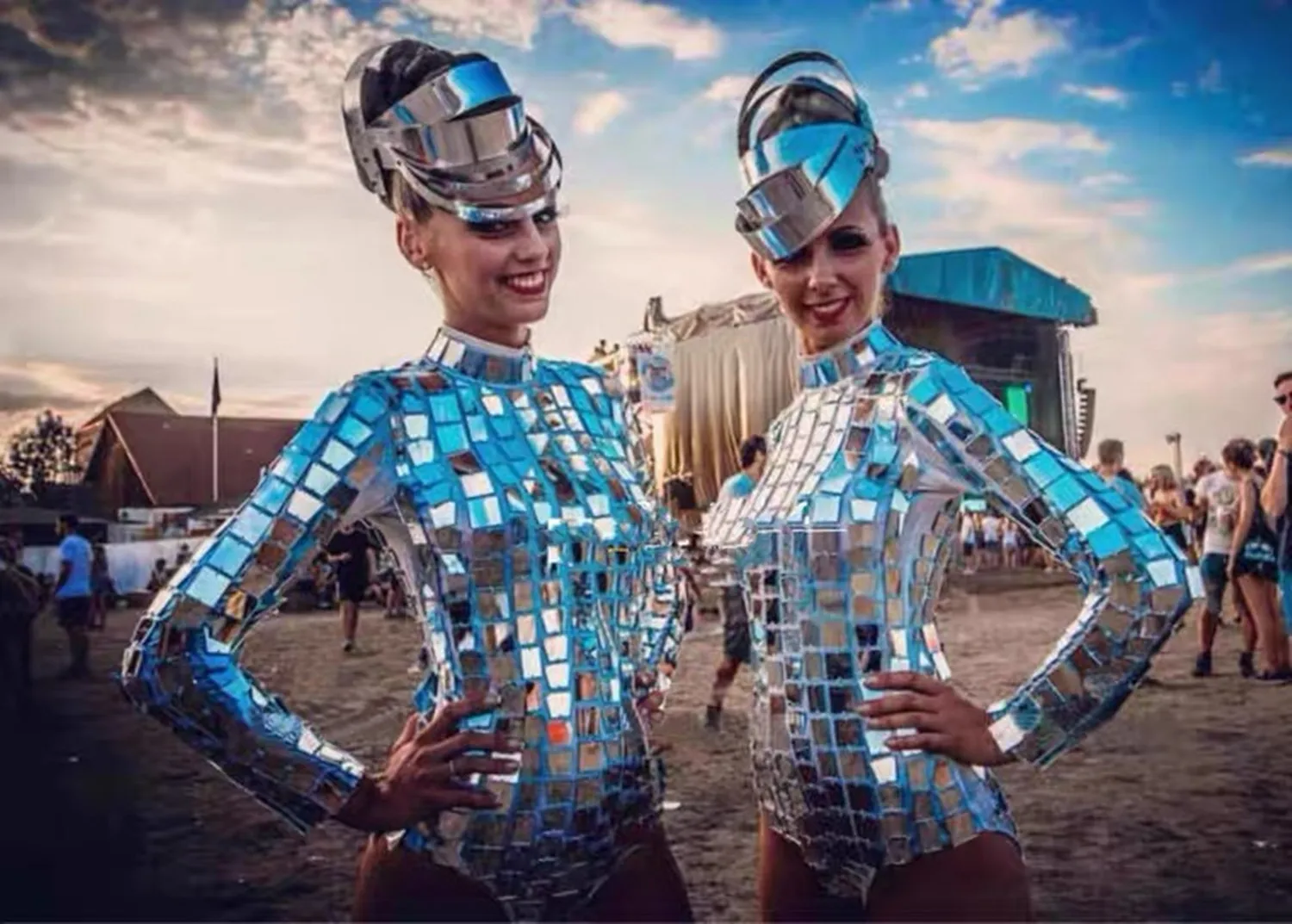 

Silver Mirror Face GOGO Performance Dress Technology Sense Science Fiction Future Warrior Dance Party Dress Mirror Face Girl