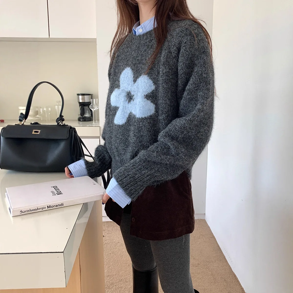 UMI MAO  New Korean Style Floral Crochet Round Neck Loose Long Sleeve Slimming Lazy Style Autumn Winter Women's Sweater