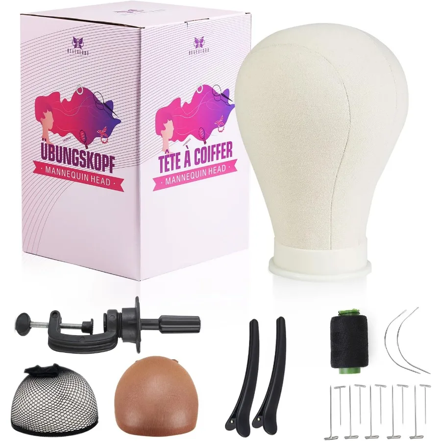 

23 Inch Wig Head Stand for Beauty and Health Applications: Adjustable Canvas Mannequin Head Display Set with Wig Caps TPins and