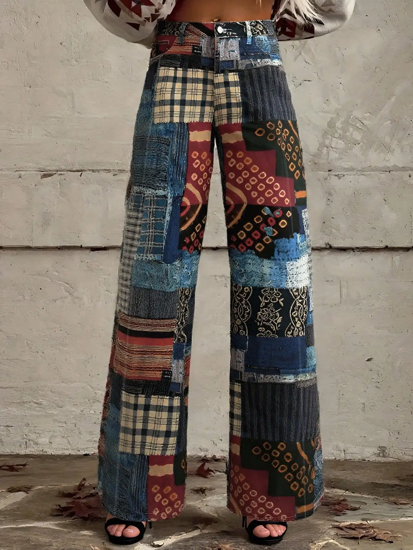 

Женские джинсы с принтом в стиле пэчворк, свободные, с широкими штанинами, с высокой талией, в стиле бохо