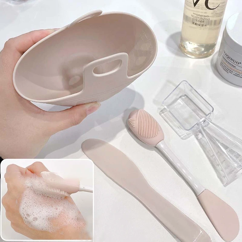 4pcs/set Silicone Mask Brushes Bowl Measuring Cup DIY Powder Seaweed Mask Tools Handle Multi-function Brush Face Mud Mixing