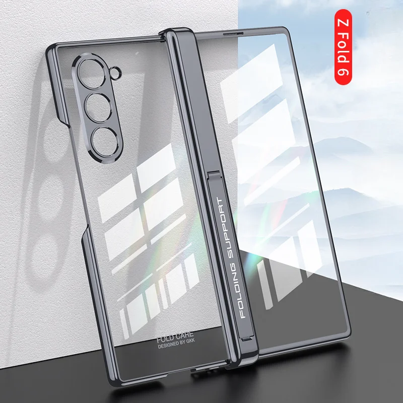 Luxury Transparent For Samsung Z Fold 6 With Stand Plated Metal Edge Shockproof Cover For Galaxy Z Fold6