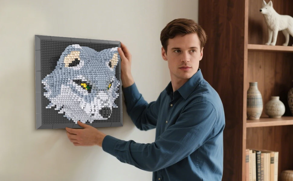 3D-Wandkunst-Set 'Wolf' aus Mikro-Mini-Bausteinen für Erwachsene, Einzigartige Wanddekoration oder Tischdisplay, Geburtstagsgeschenke – Detail 5