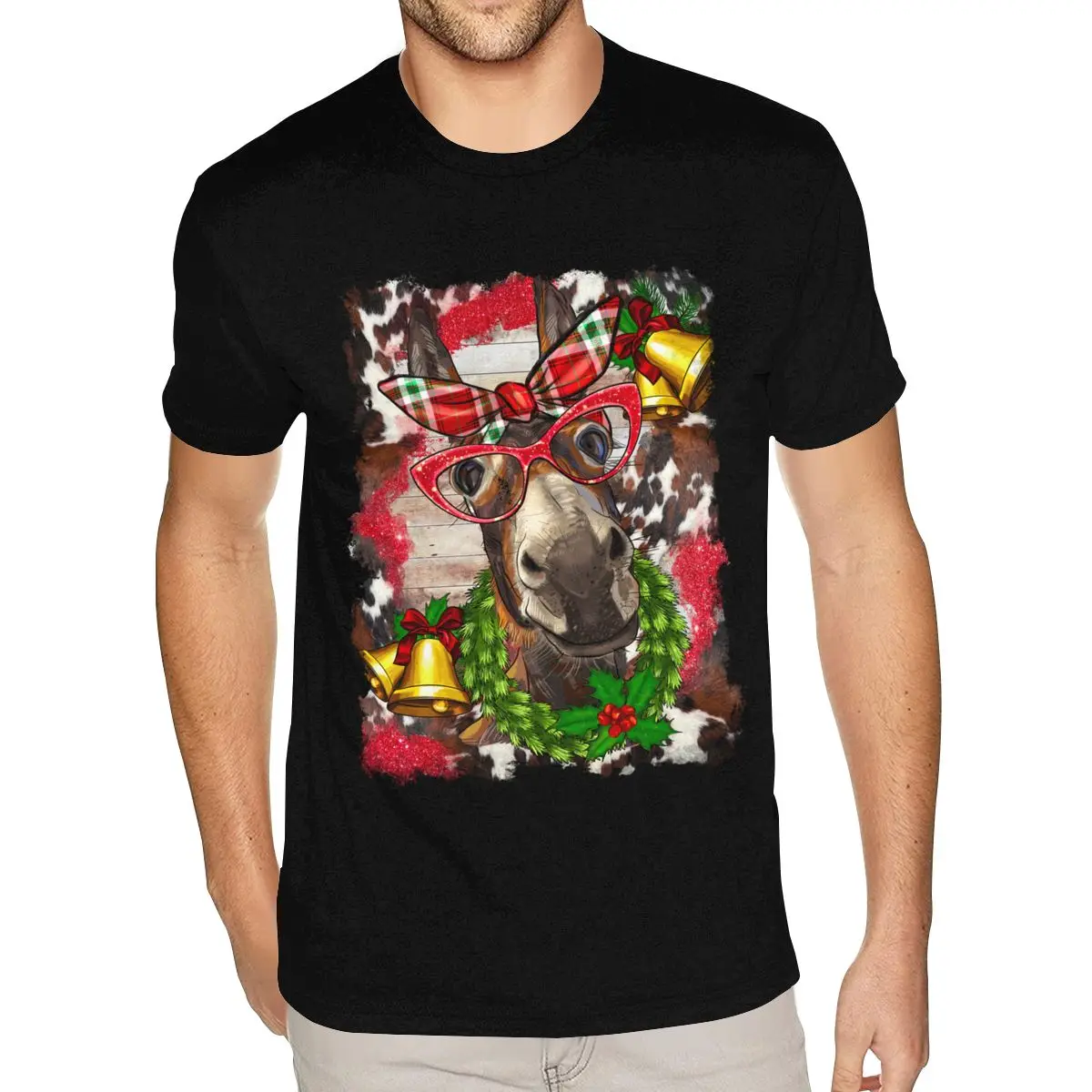 

Design Christmas Donkey Tshirt Mens Custom Print Short Sleeves Full Cotton Black O Neck Tees