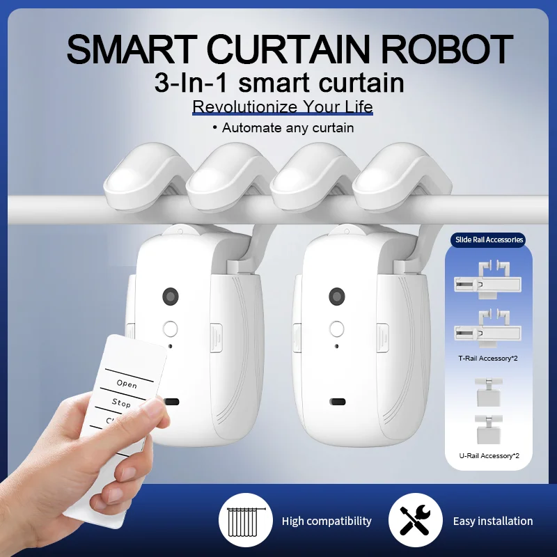 Three-in-one smart silent electric curtain motor, wireless remote controller, and timing light sensor, suitable for double-track