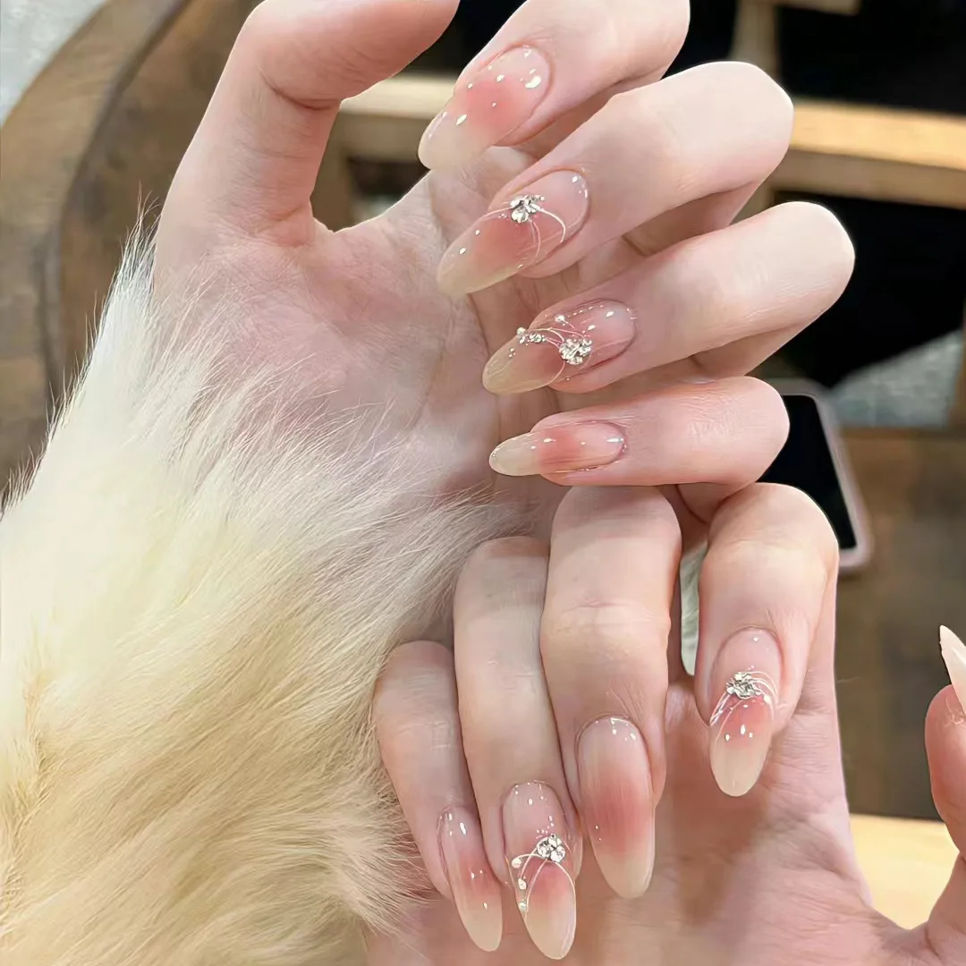 

24pcs Pure Desire Blush Line Glitter Rhinestone Medium Almond Press On Nails, Gentle Elegant Removable False Nail Tips for Daily Outfit, Dating & Casual Gathering, Romantic Trend Manicure for Fashion Girls